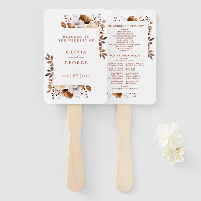 Terracotta Fall Elegant Floral Wedding Program Hand Fan (Front and Back)