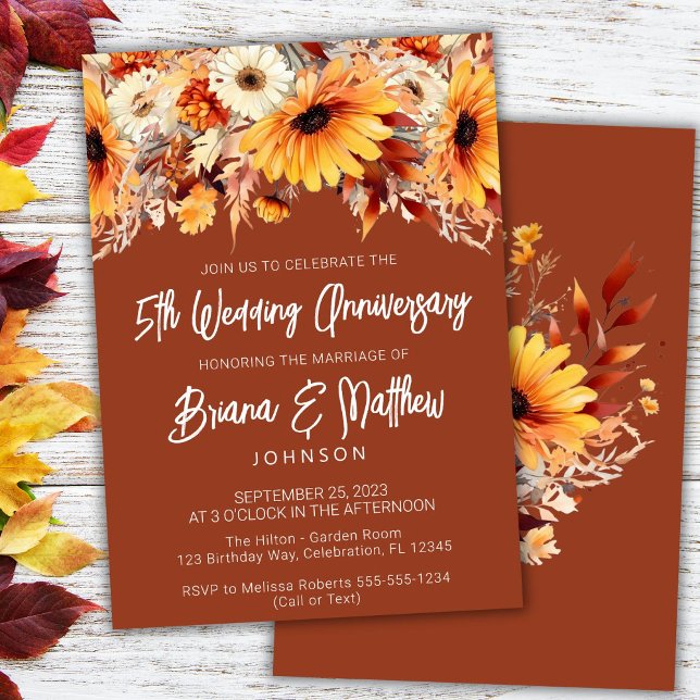 Terracotta Fall Floral 5th Wedding Anniversary  Invitation (Creator Uploaded)