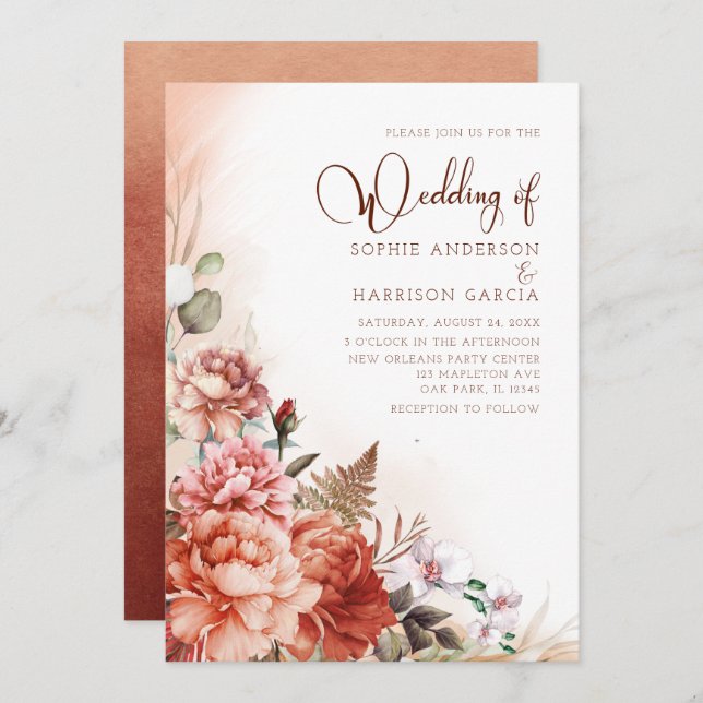 Terracotta Fall Floral Burnt Orange Boho Wedding Invitation (Front/Back)