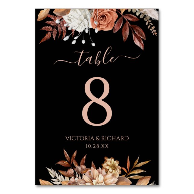 Terracotta Fall Floral Foliage Black Fall Wedding Table Number (Front)