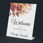Terracotta Fall Flowers 18th Birthday Welcome Pedestal Sign<br><div class="desc">Welcome guests to your birthday party with this elegant terracotta orange fall flower design. Welcome and the birthday celebrant's name is written in a large trending font. The remainder of the text is a classic upright and font. Very easy to customise. This tabletop sign is easy to use and can...</div>