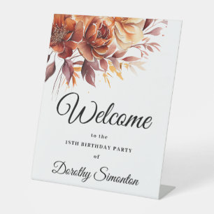 Terracotta Fall Flowers 18th Birthday Welcome Pedestal Sign