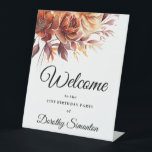 Terracotta Fall Flowers 21st Birthday Welcome Pedestal Sign<br><div class="desc">Welcome guests to your birthday party with this elegant terracotta orange fall flower design. Welcome and the birthday celebrant's name is written in a large trending font. The remainder of the text is a classic upright and font. Very easy to customise. This tabletop sign is easy to use and can...</div>