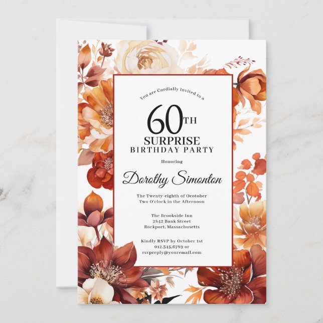 Terracotta Fall Flowers 60th Surprise Birthday Invitation (Front)