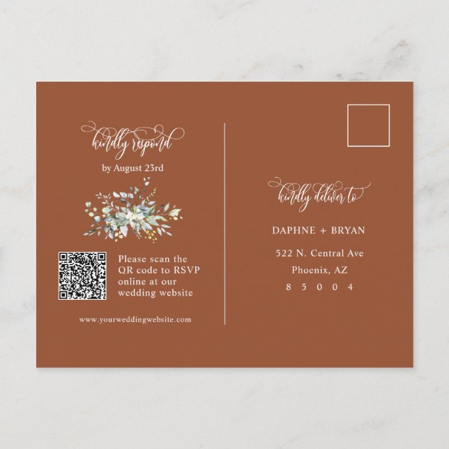 Terracotta Fall Green Leaves QR Code Address RSVP Postcard (Back)