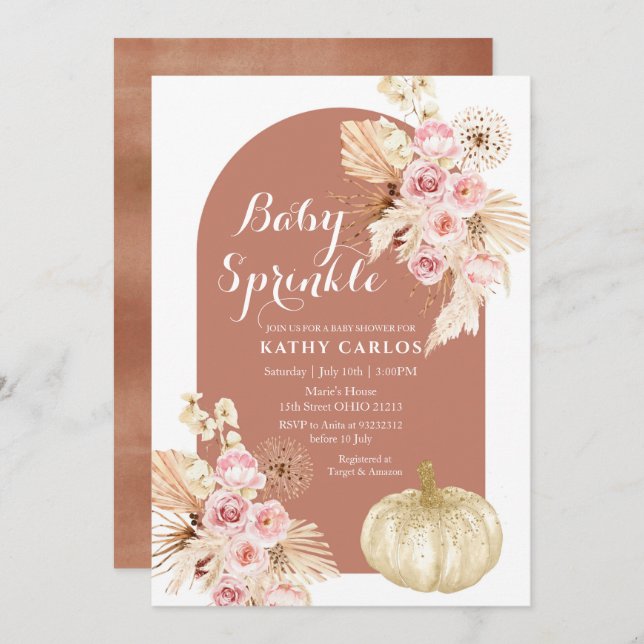 Terracotta Fall pampas grass & Pumpkin Invitation (Front/Back)