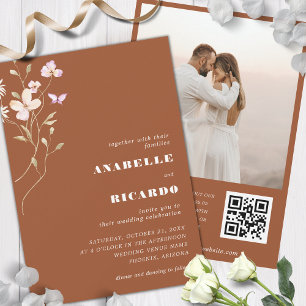 Terracotta Fall Wildflowers Photo QR Code Wedding Invitation