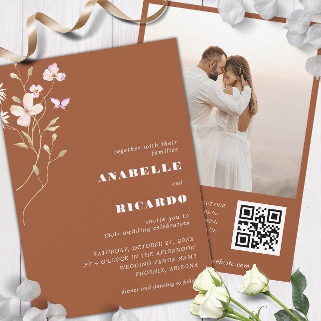 Terracotta Fall Wildflowers Photo QR Code Wedding Invitation (Creator Uploaded)