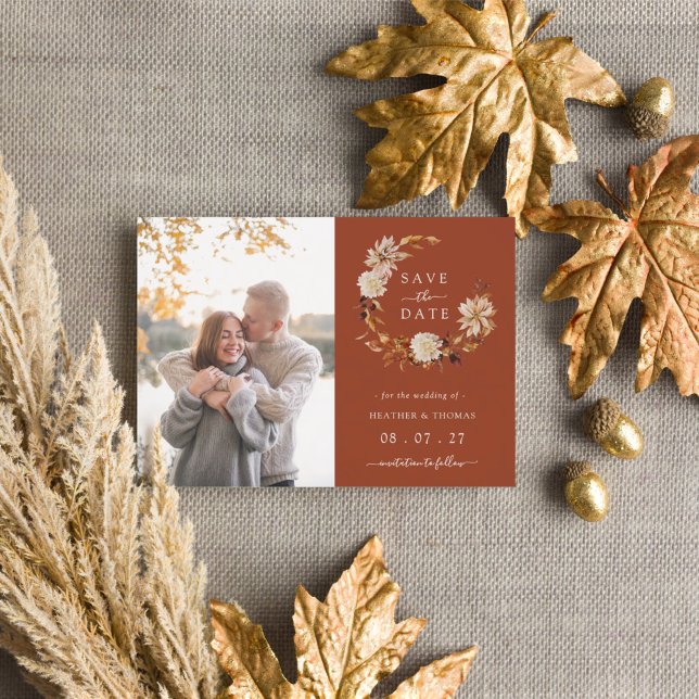 Terracotta Fall Wreath Wedding Photo Save The Date Announcement Postcard (Terracotta Fall Wreath Wedding Photo Save The Date Announcement Postcard by Painted Paperie
)