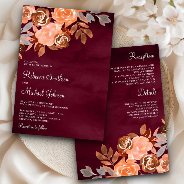 Terracotta Floral All in One Burgundy Wedding Invitation (Creator Uploaded)