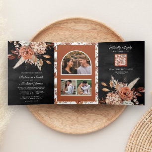 Terracotta Floral All in One QR Code Black Wedding Tri-Fold Invitation