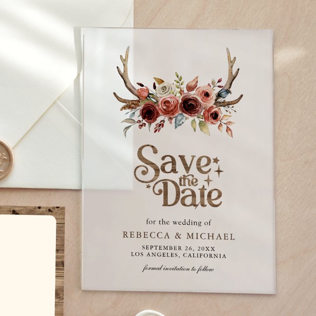 Terracotta Floral Antlers Wedding Save the Date Acrylic Invitations (Creator Uploaded)