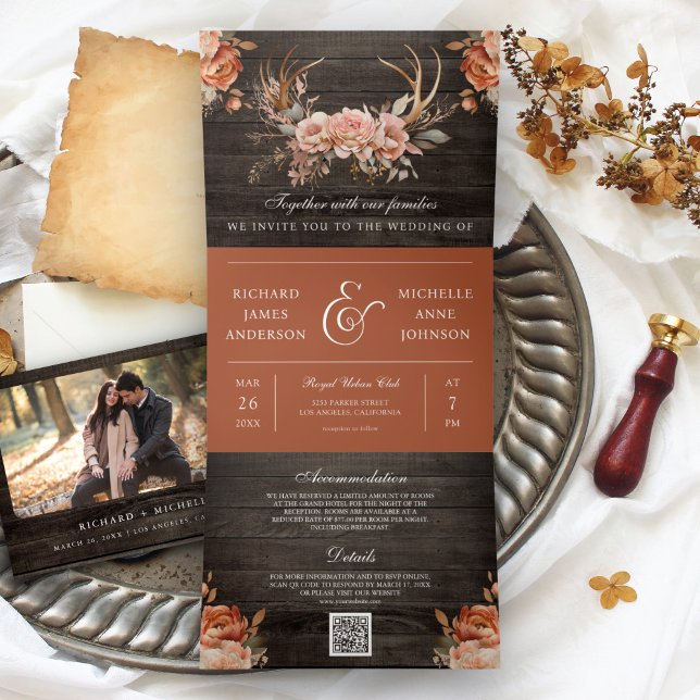 Terracotta Floral Antlers Wood QR Code Wedding Tri-Fold Invitation (Creator Uploaded)