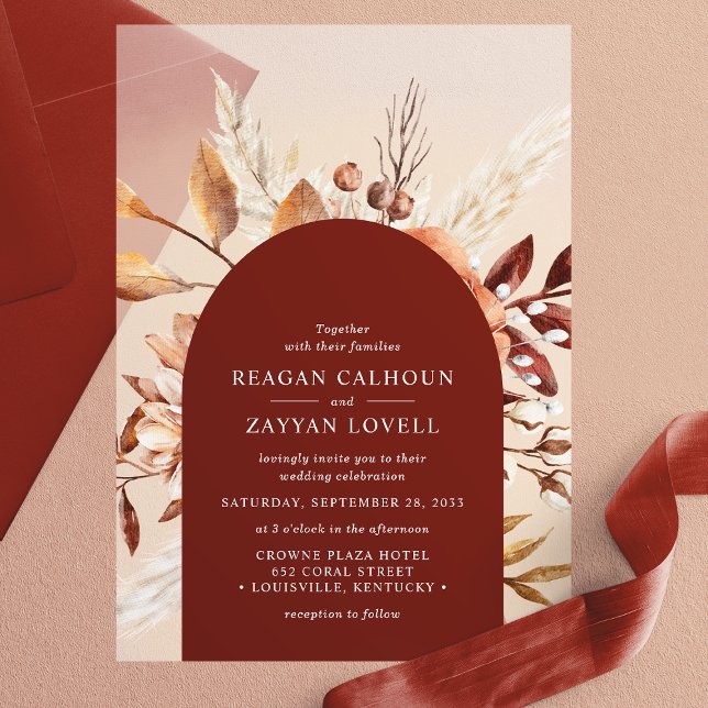 Terracotta Floral Arch Pampas Grass Wedding Vellum Invitations (Creator Uploaded)