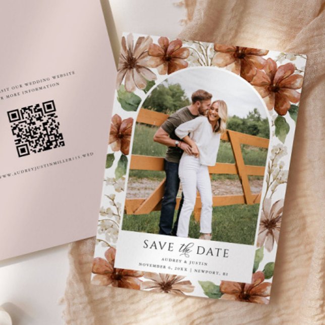 Terracotta Floral Arched Photo Save the Date Invitation (Creator Uploaded)