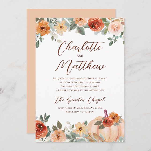 Terracotta Floral Autumn Pumpkin Wedding Invitation (Front/Back)