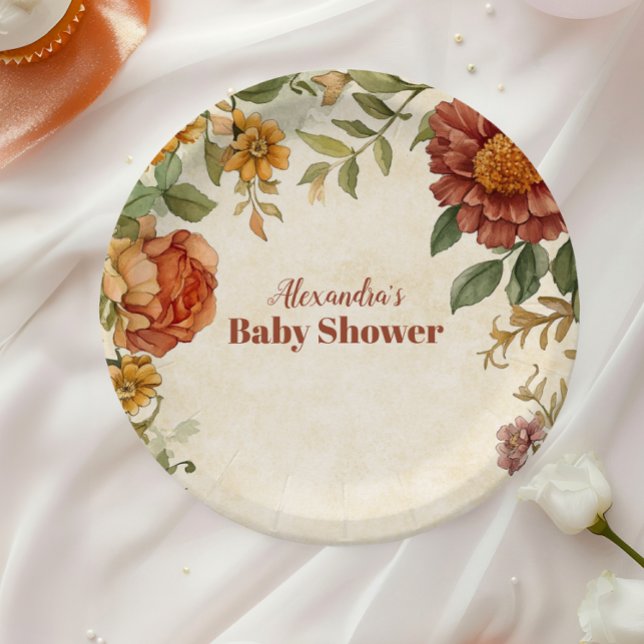 Terracotta Floral Baby in Bloom Baby Shower Paper Plate (Creator Uploaded)