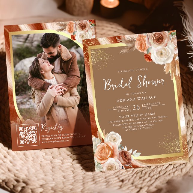 Terracotta Floral Beige Gold QR Code Bridal Shower Invitation (Creator Uploaded)