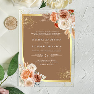 Terracotta Floral Beige Gold Wedding Acrylic Invitations