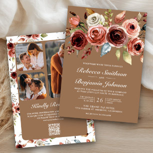 Terracotta Floral Beige Tan QR Code Wedding Invitation