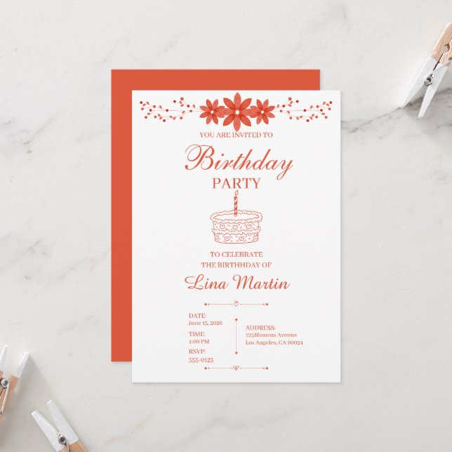 Terracotta Floral Birthday Invitation (Front/Back In Situ)
