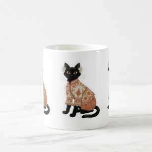 Terracotta Floral Black Cat Coffee Mug