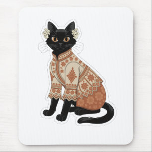 Terracotta Floral Black Cat Graphic Mouse Pad