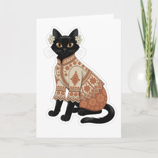Terracotta Floral Black Cat Greeting Card (Front)