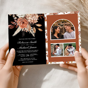Terracotta Floral Black QR Code Wedding Invitation