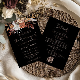 Terracotta Floral Boho Black All In One Wedding Invitation