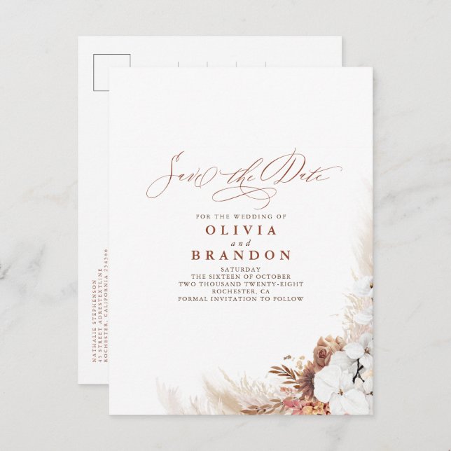 Terracotta Floral Boho Exotic Save The Date Announcement Postcard (Front/Back)