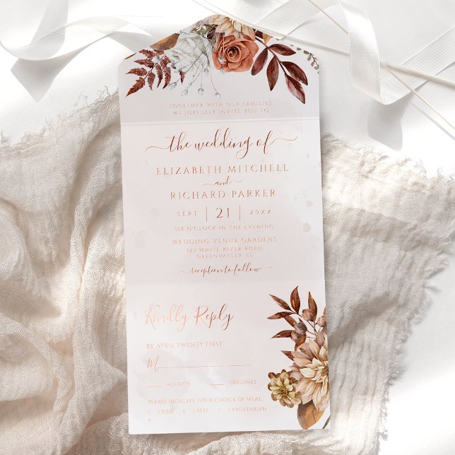 Terracotta Floral Boho Fall Foliage Wedding All In One Invitation (Creator Uploaded)