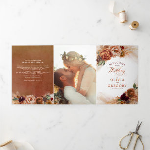 Terracotta Floral Boho Modern Fall Wedding Tri-Fold Programme