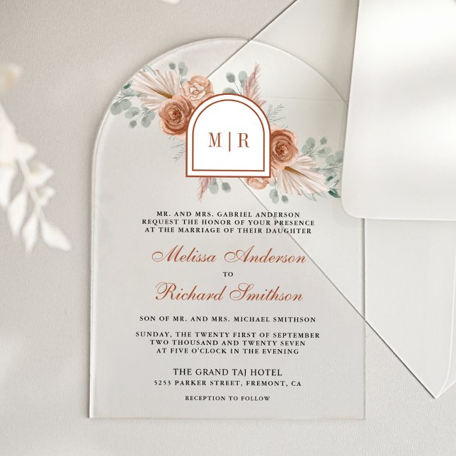 Terracotta Floral Boho Pampas Burnt Orange Wedding Acrylic Invitations (Creator Uploaded)
