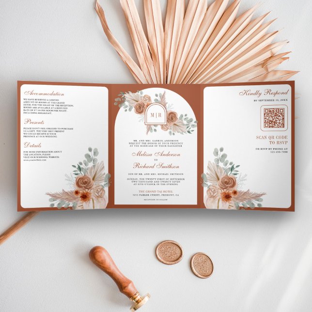 Terracotta Floral Boho Pampas Burnt Orange Wedding Tri-Fold Invitation (Creator Uploaded)