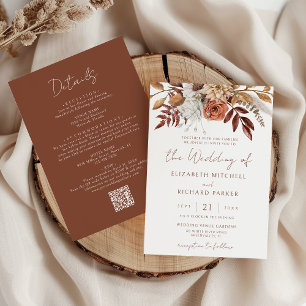 Terracotta Floral Boho Pampas Grass Autumn Wedding Invitation