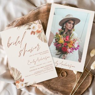 Terracotta Floral Boho Pampas Grass Bridal Shower Invitation