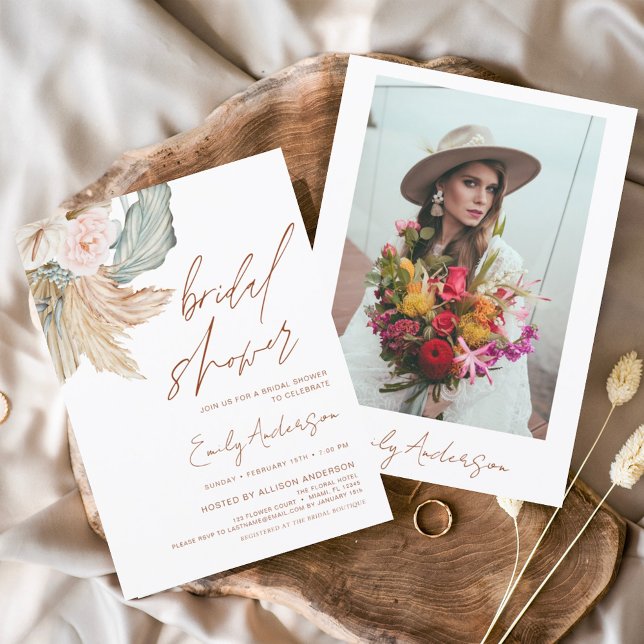Terracotta Floral Boho Pampas Grass Bridal Shower Invitation (Creator Uploaded)