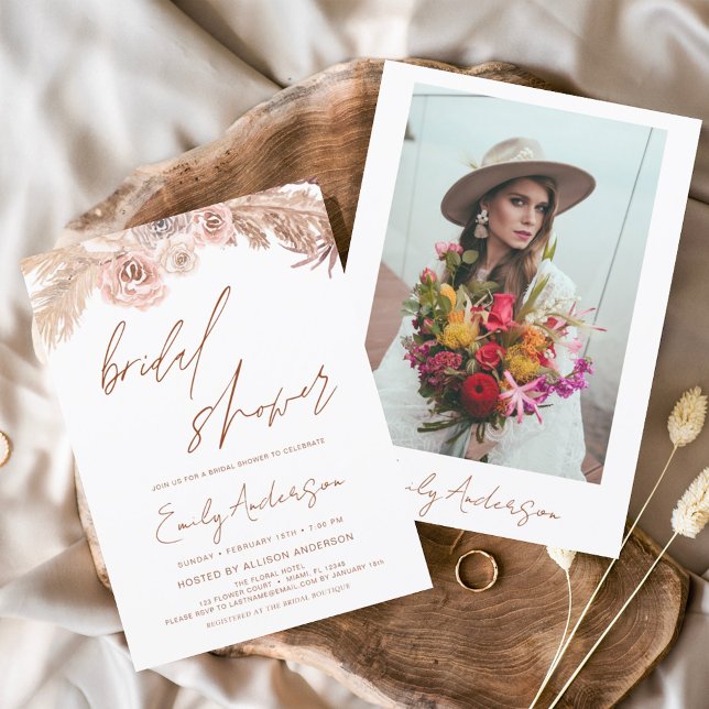 Terracotta Floral Boho Pampas Grass Bridal Shower Invitation (Creator Uploaded)