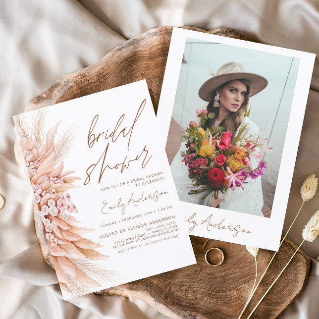 Terracotta Floral Boho Pampas Grass Bridal Shower Invitation (Creator Uploaded)