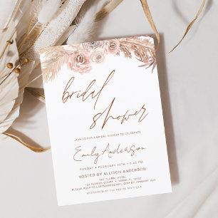 Terracotta Floral Boho Pampas Grass Bridal Shower Invitation