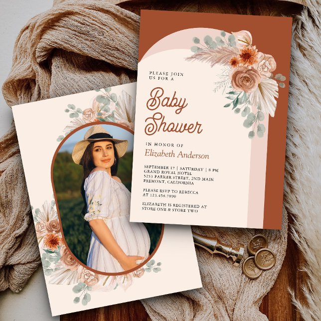 Terracotta Floral Boho Pampas Photo Baby Shower Invitation (Creator Uploaded)