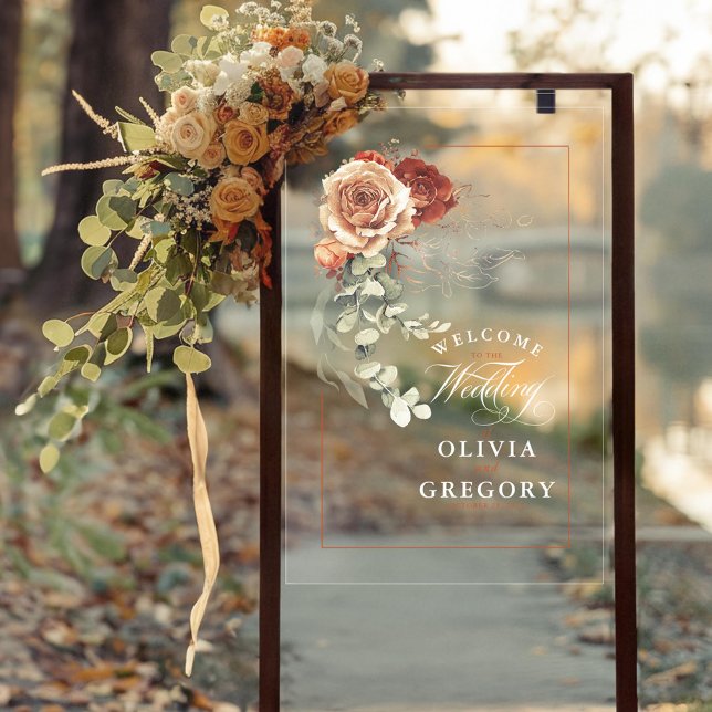Terracotta Floral Boho Wedding Welcome Acrylic Sign (Terracotta Flowers Wedding Transparent Acrylic Welcome Sign)