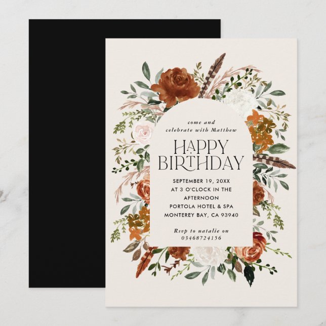 Terracotta floral botanical birthday modern rustic invitation (Front/Back)