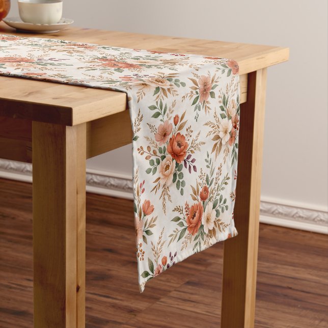 Terracotta Floral Bouquet Botanical Pattern Short Table Runner (In Situ)