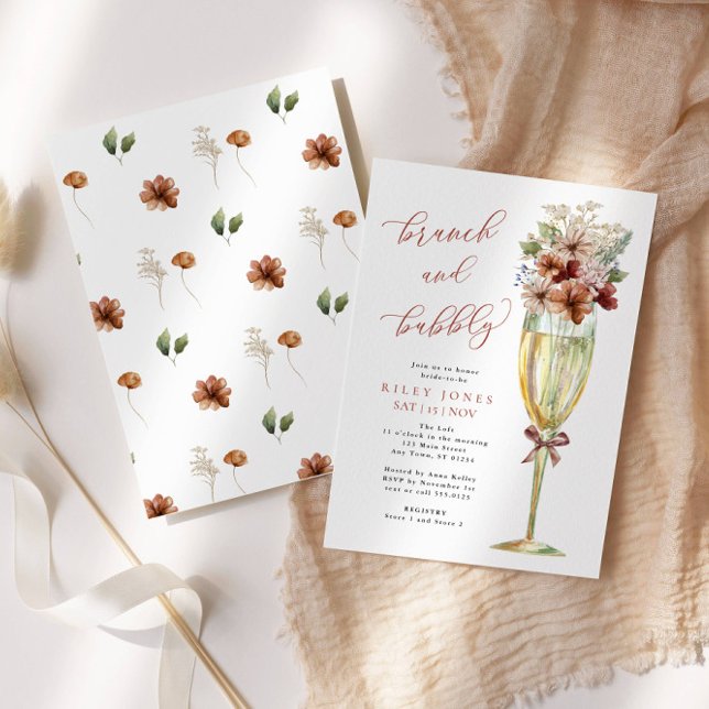 Terracotta Floral Brunch and Bubbly Gold Champagne Invitation (Beautiful Terracotta Flowers in a Gold Champagne glass-perfect for your Fall event!)