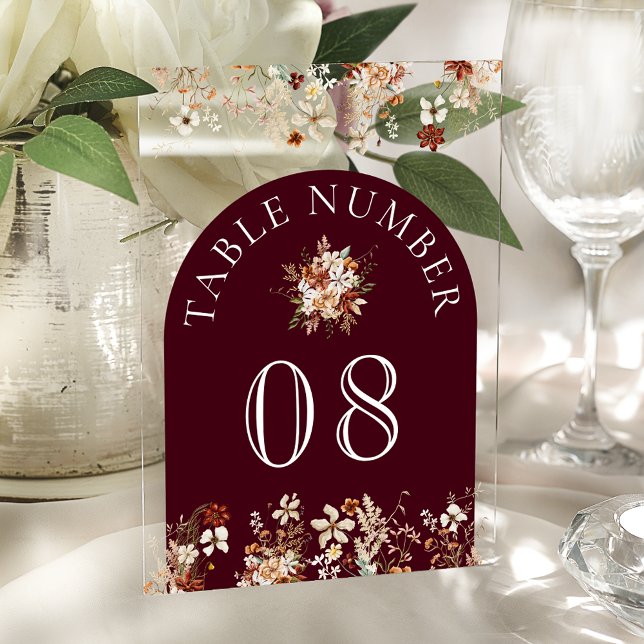 Terracotta Floral Burgundy Acrylic Table Number (Creator Uploaded)