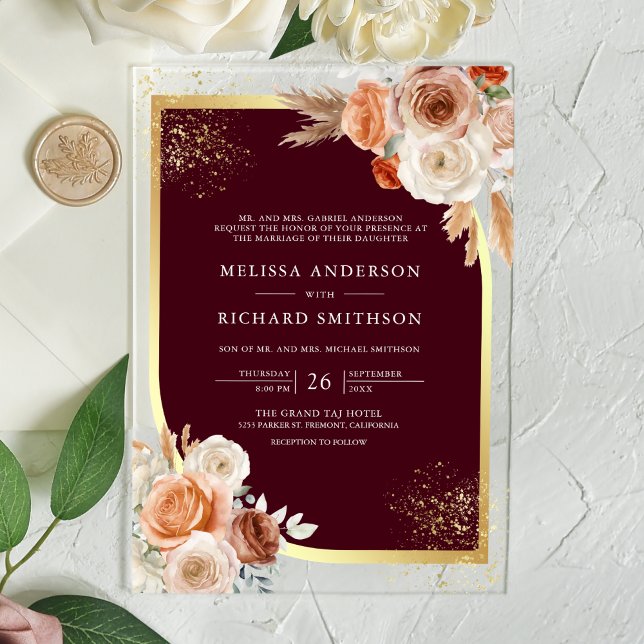 Terracotta Floral Burgundy Gold Wedding Acrylic Invitations (Creator Uploaded)