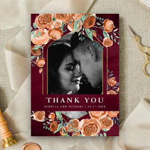 Terracotta Floral Burgundy Photo Collage Wedding Thank You Card