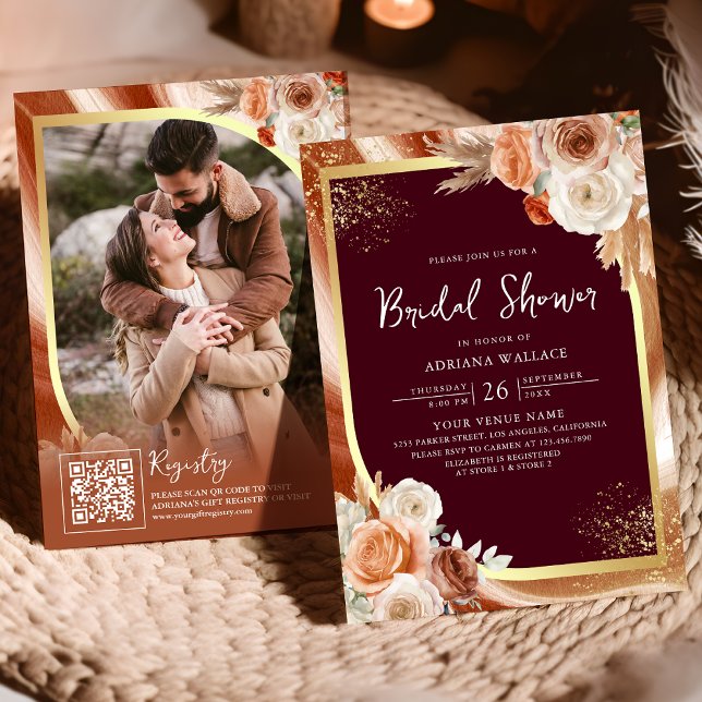 Terracotta Floral Burgundy QR Code Bridal Shower Invitation (Creator Uploaded)